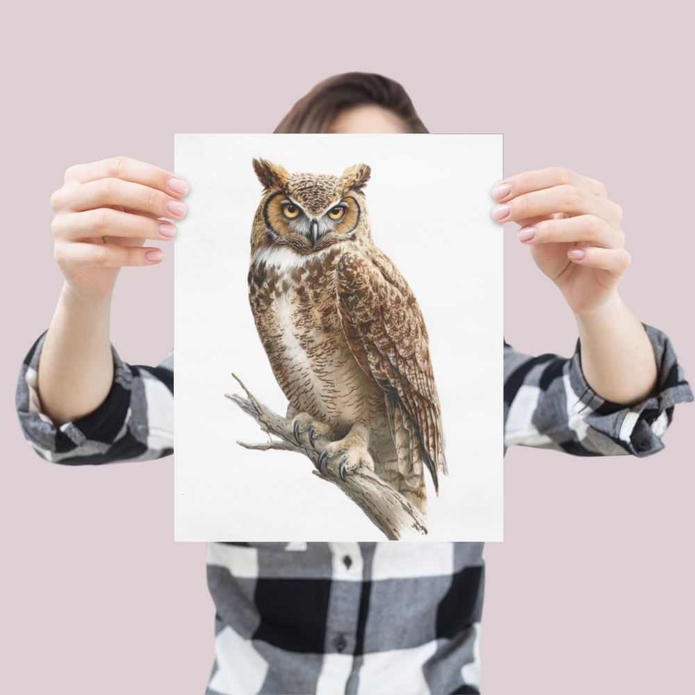 Watercolor Great Horned Owl Portrait Wall Art Print, Unframed - Woodland - Picture 4 of 6